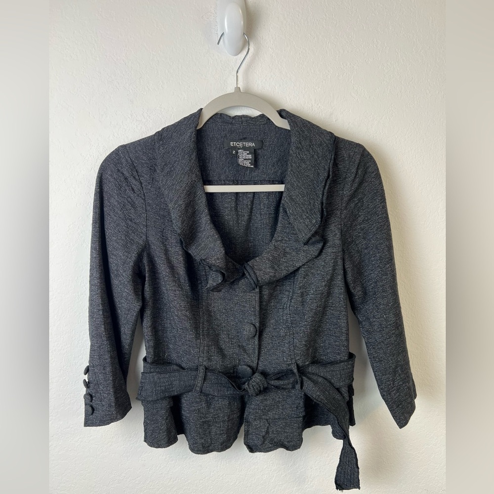 Etcetera Ruffle Black Shimmer Ruffle Cotton Linen Blazer Jacket